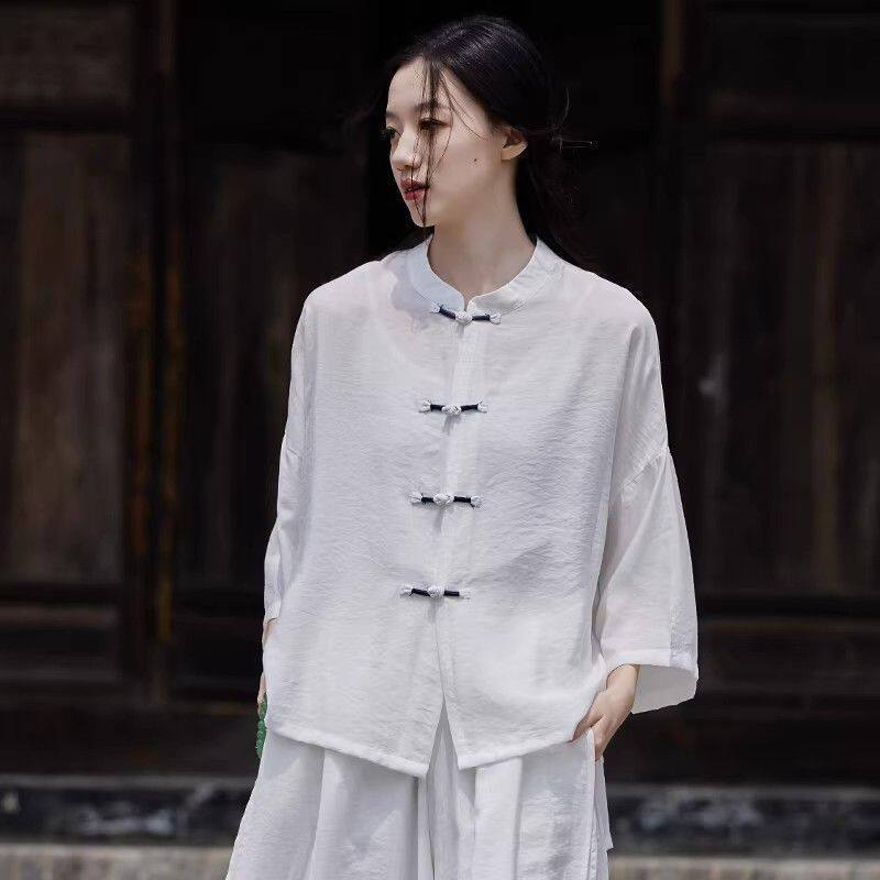 夏季薄款上衣女2026新款中式复古盘扣茶服防晒空调衫棉麻衬衫女