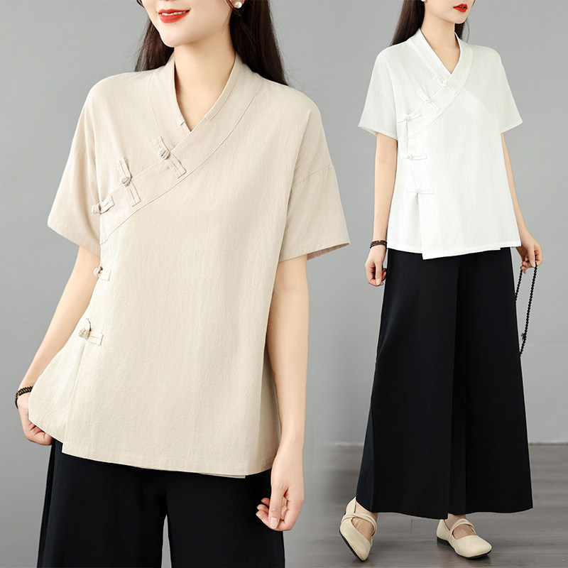 夏棉麻汉服女禅意上衣茶艺禅茶服中式短袖开衫居士服套装
