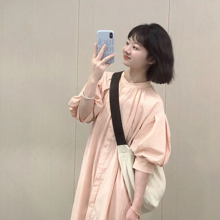 裙子女夏季法式Polo领泡泡袖衬衫连衣裙宽松显瘦小个子高级感炸街