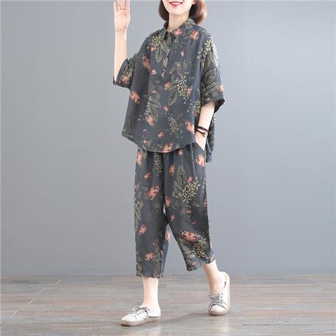 2026棉麻套装女新款大码遮肉两件套印花复古气质女夏季套装