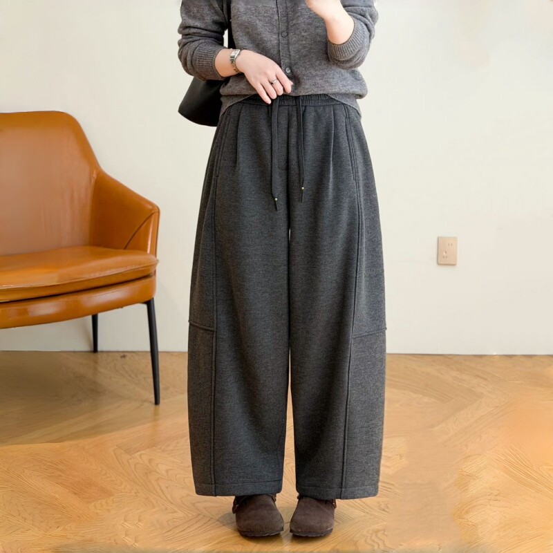 灰色摇粒绒糯米裤女秋冬加绒2026新款高腰休闲小个子直筒阔腿裤子