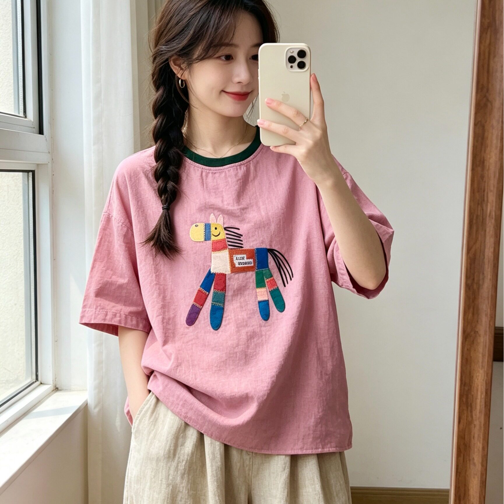 韩国文艺复古双层纱印花短袖T恤女夏季薄款宽松大码休闲百搭短上