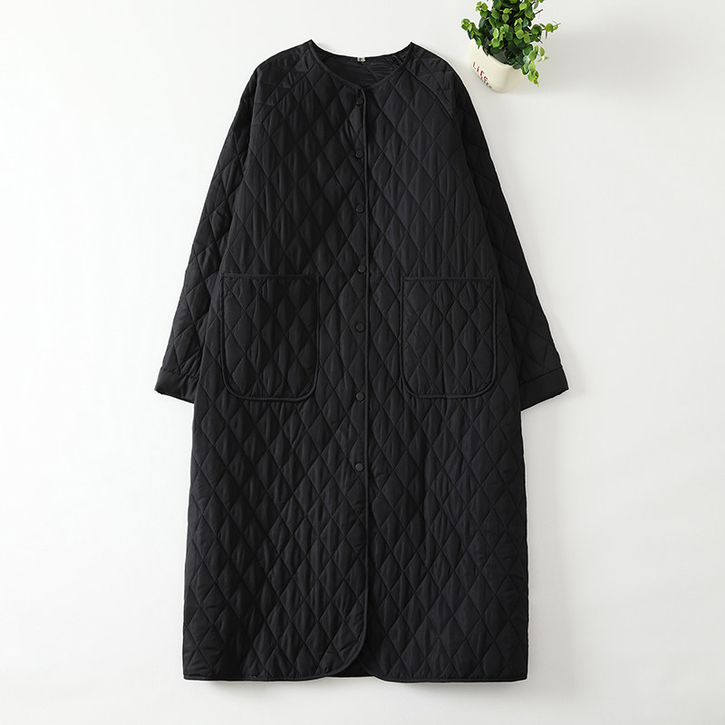 实拍 秋冬日系休闲个性加厚夹棉菱格长款长袖开衫棉服外套女