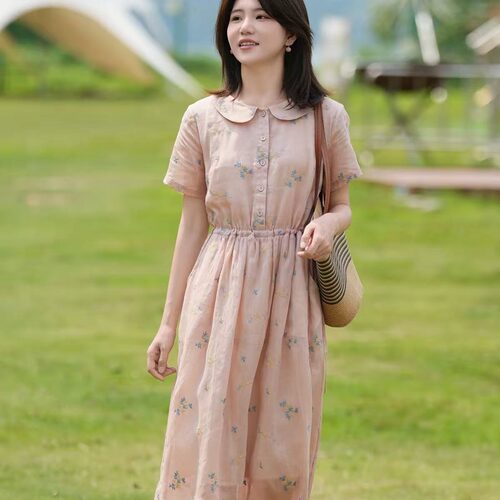 法式温柔棉麻碎花连衣裙翻领短袖高级感显瘦大摆长裙子女