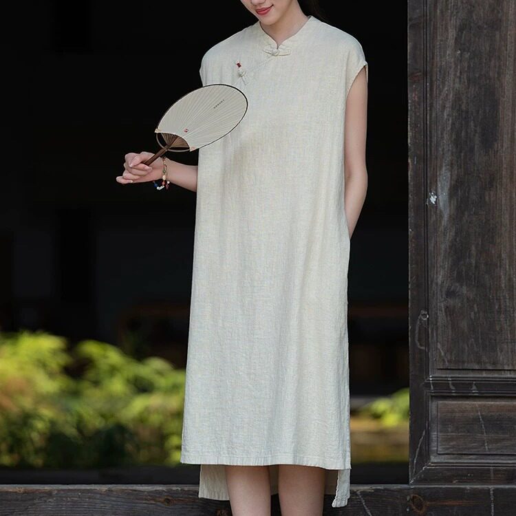 棉麻复古连衣裙女夏季新款中式立领盘扣茶服旗袍苎麻禅意无袖长裙