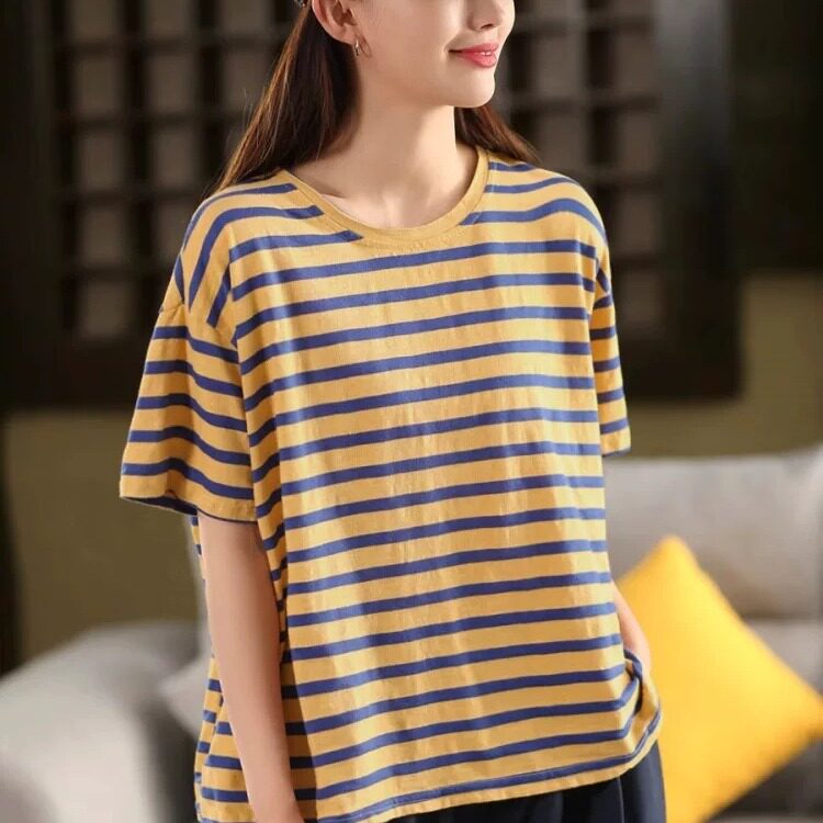 纯棉条纹短袖T恤女装夏季新款韩版宽松撞色显瘦圆领上衣服