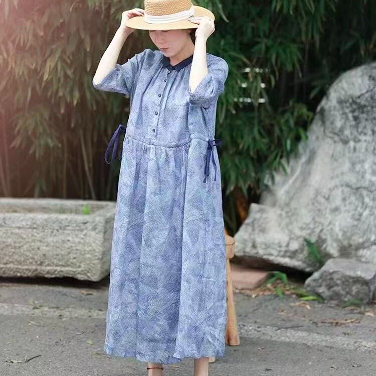 2026春夏新款文艺复古收腰显瘦撞色碎花连衣裙宽松显瘦印花长裙