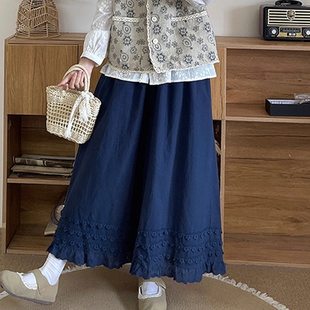 叠穿九分裤 日系复古百搭直筒裤 女2026春季 棉麻花边阔腿裤