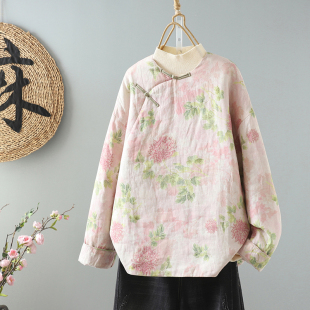 外套 棉麻印花减龄古风棉衣冬复古圆领斜襟盘扣夹棉短款 实拍 中式