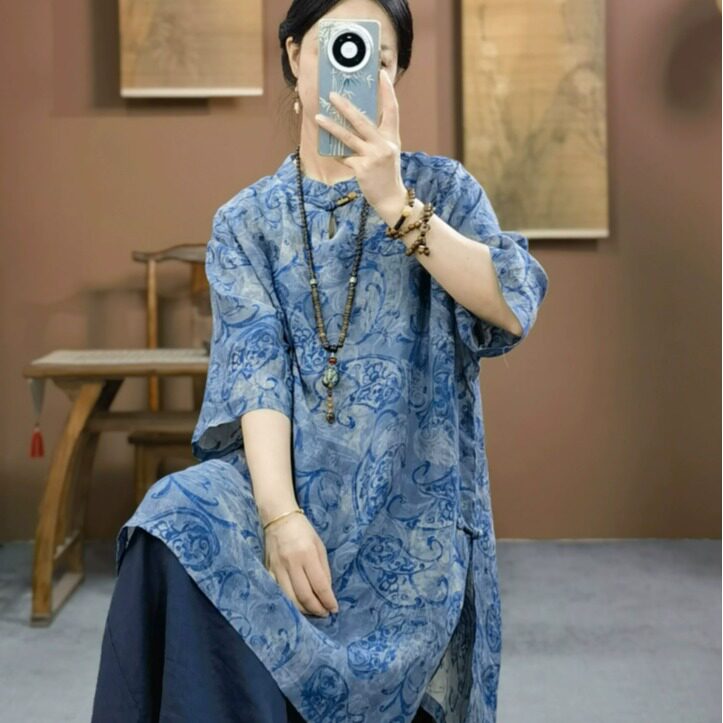 新中式女装新款复古立领珠扣苎麻印花五分袖宽松中长款上衣女