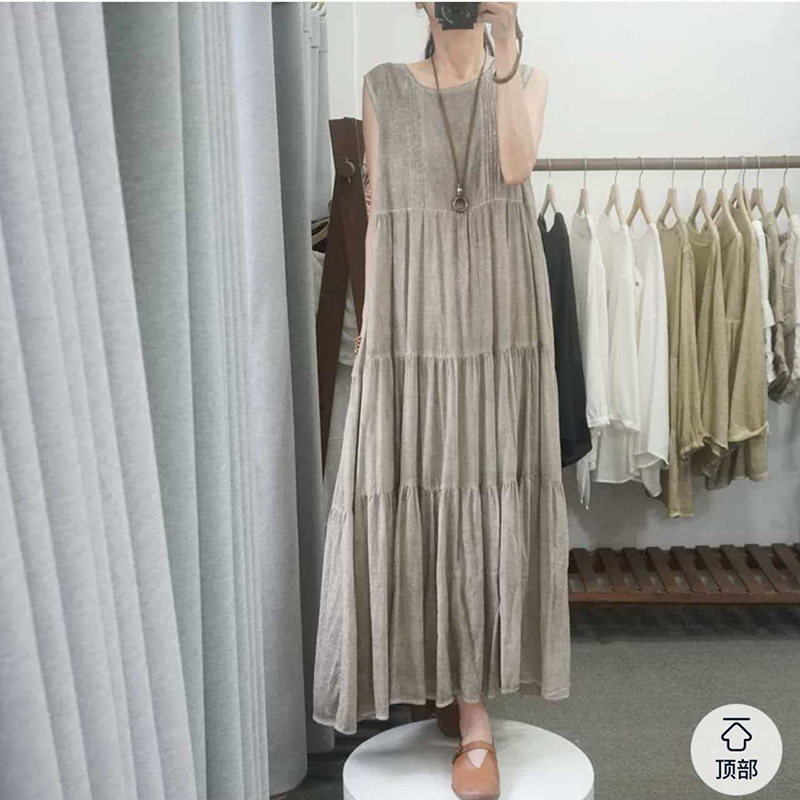 棉麻新款背心裙女夏显瘦日系蓬蓬裙重工压褶蛋糕裙大码无袖连衣裙