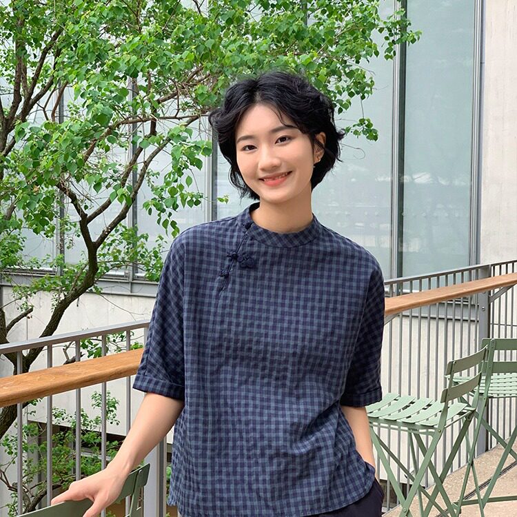 复古格子七分袖宽松立领2026年夏季新款时尚简约上衣衬衫女