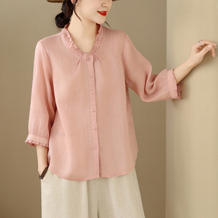 实拍木耳领短袖衬衫女复古文艺纯色五分袖薄款上衣夏季短款开衫