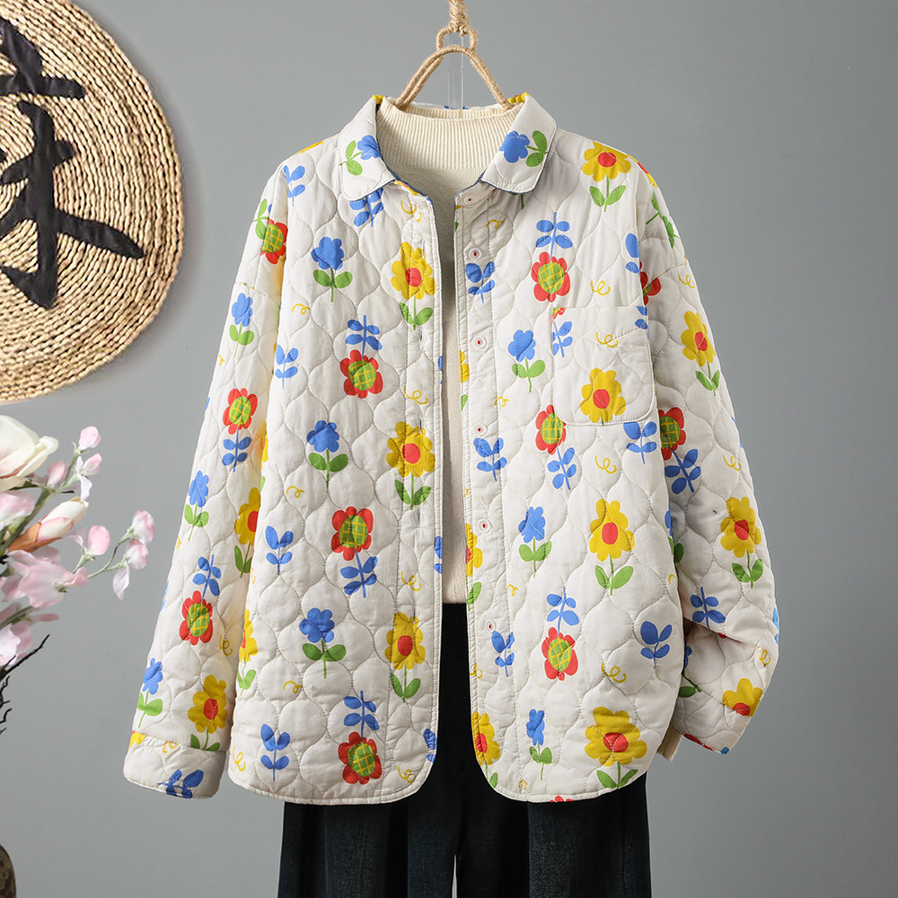 实拍冬季女装新款韩版彩色小花夹棉保暖长袖棉衣棉服外套女两面穿
