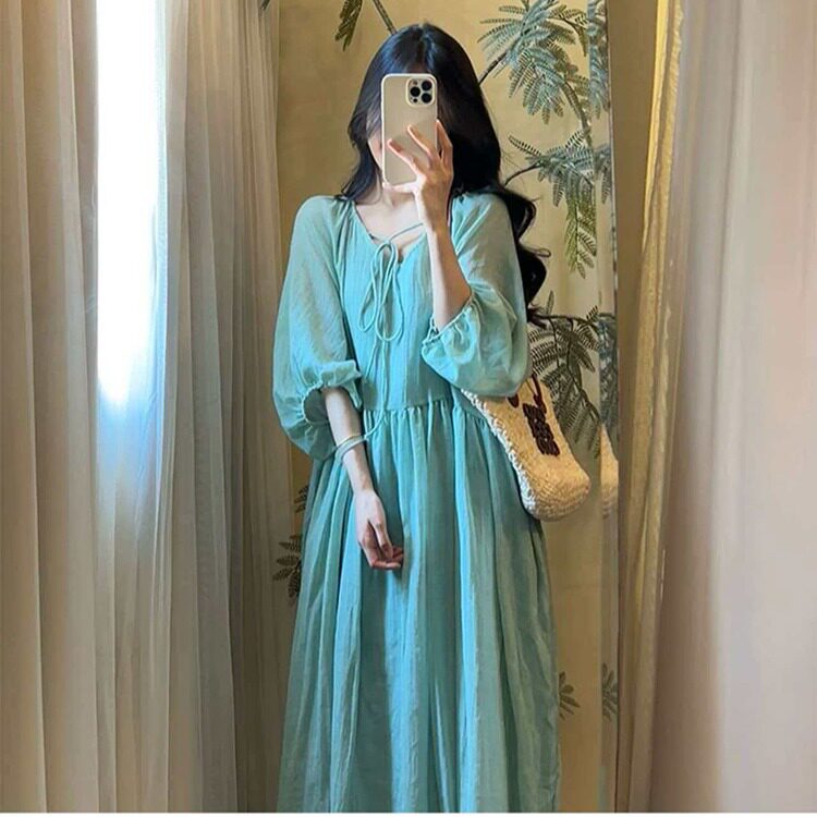 亚麻连衣裙2026夏季新品文艺范纯色V领宽松打底裙短袖棉麻中长裙