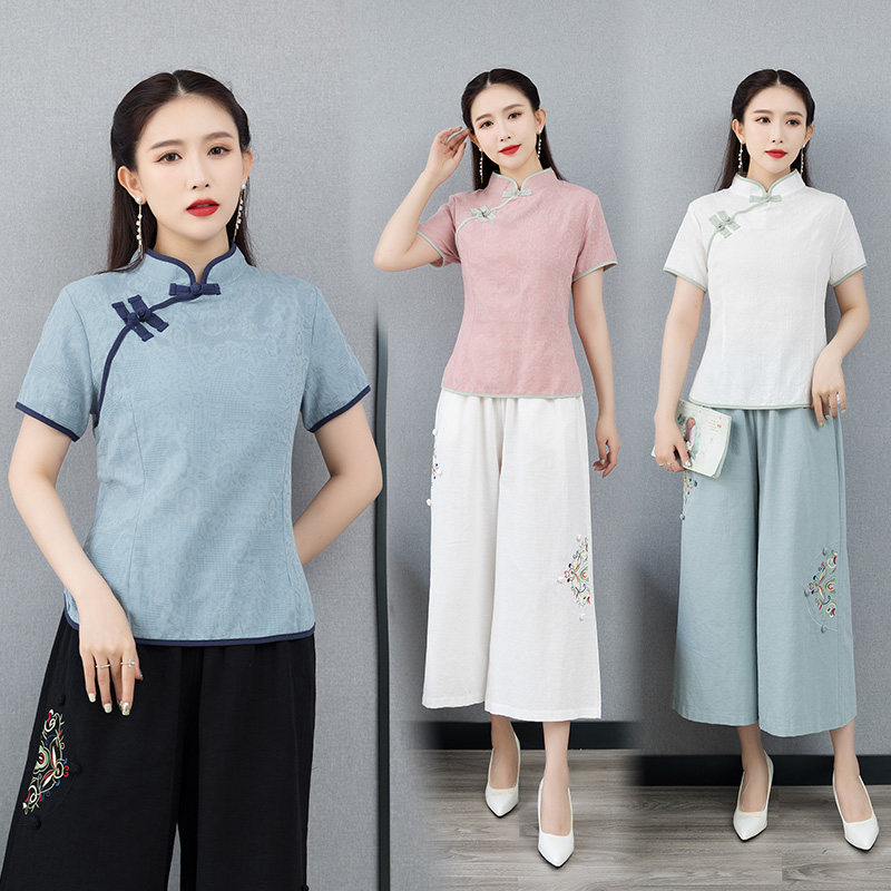 中国风复古棉麻旗袍中式立领短袖茶服上衣阔腿裤禅意套装