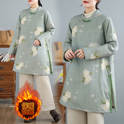 实拍冬季棉麻印花立领中长款国风开叉棉服