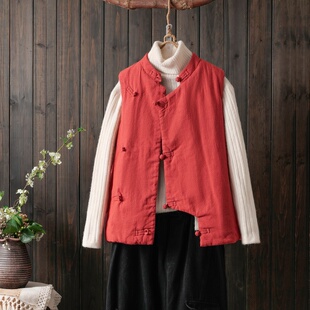 加厚棉马甲女2024冬新款 立领民族风坎肩手工盘扣棉麻复古外套