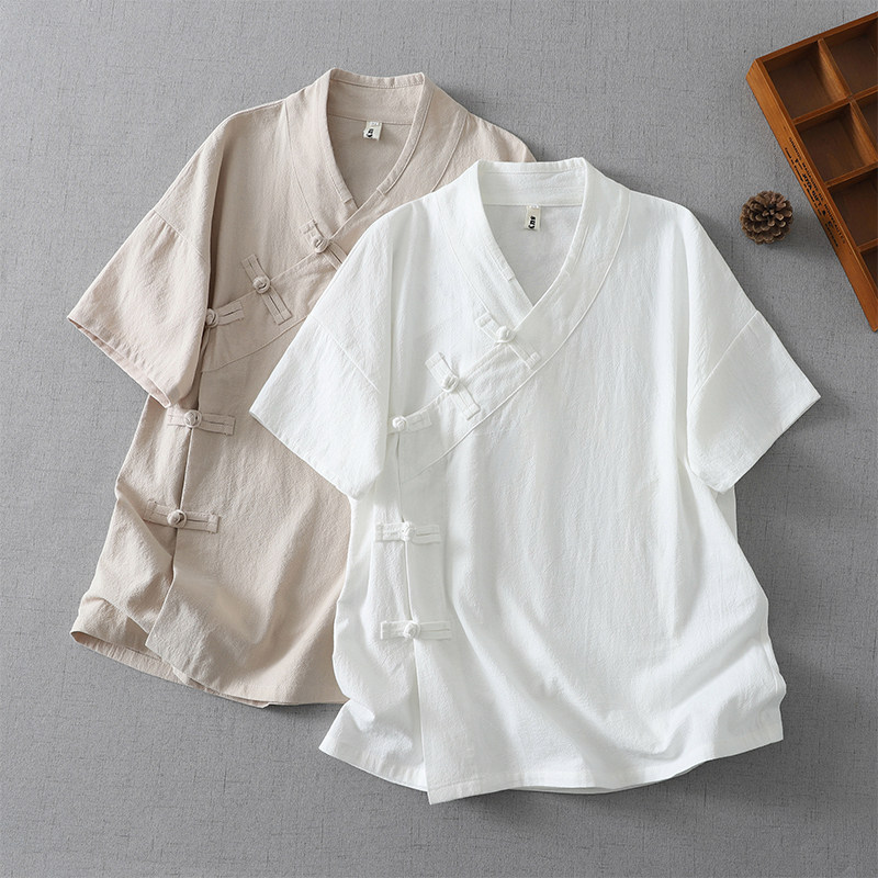 棉麻短袖宽松太极服斜襟中式上衣禅意素衣练功服