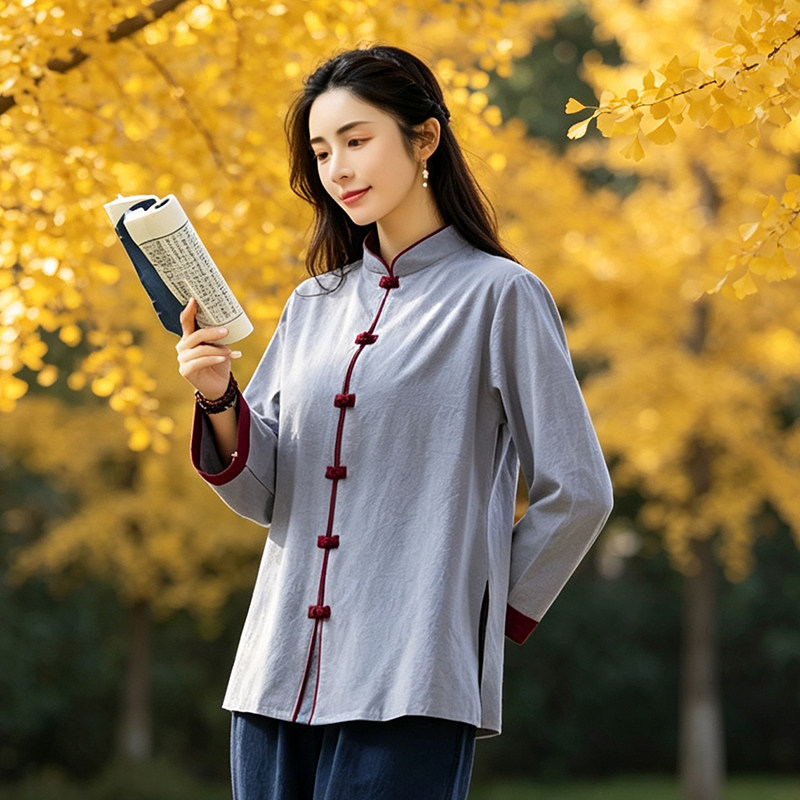 实拍2026秋季新款复古中式上衣宽松晨练太极服棉麻禅意居士服女装