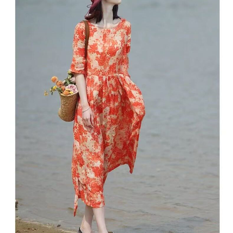 2026春夏季新款苎麻花色中长款印花连衣裙女收腰显瘦裙子