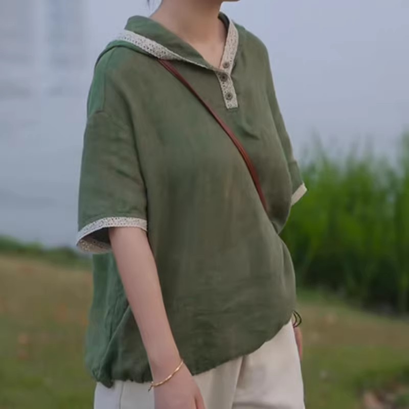 棉麻连帽短袖T恤上衣大码女装文艺文艺休闲复古宽松夏