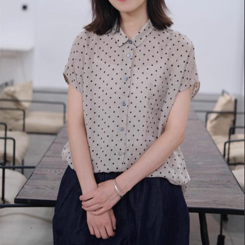 2026夏季新款棉麻印花波点百搭文艺风上衣短袖衬衫女