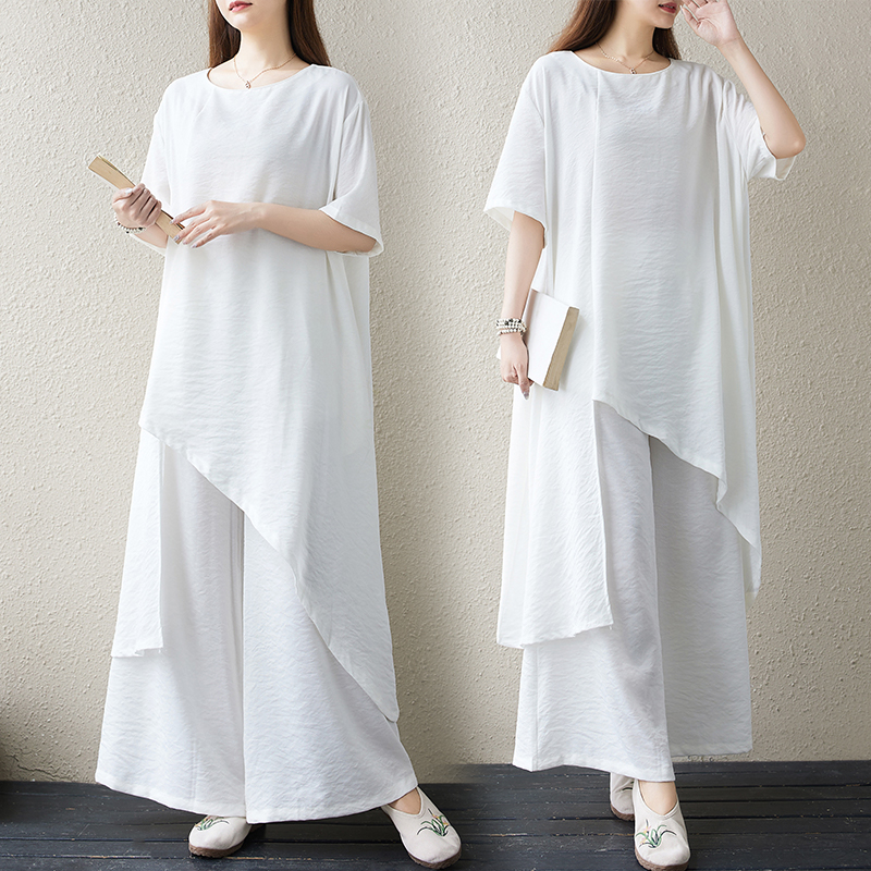 实拍 大码个性不规则棉麻套装女长款显瘦白衬衣百搭阔腿裤春夏