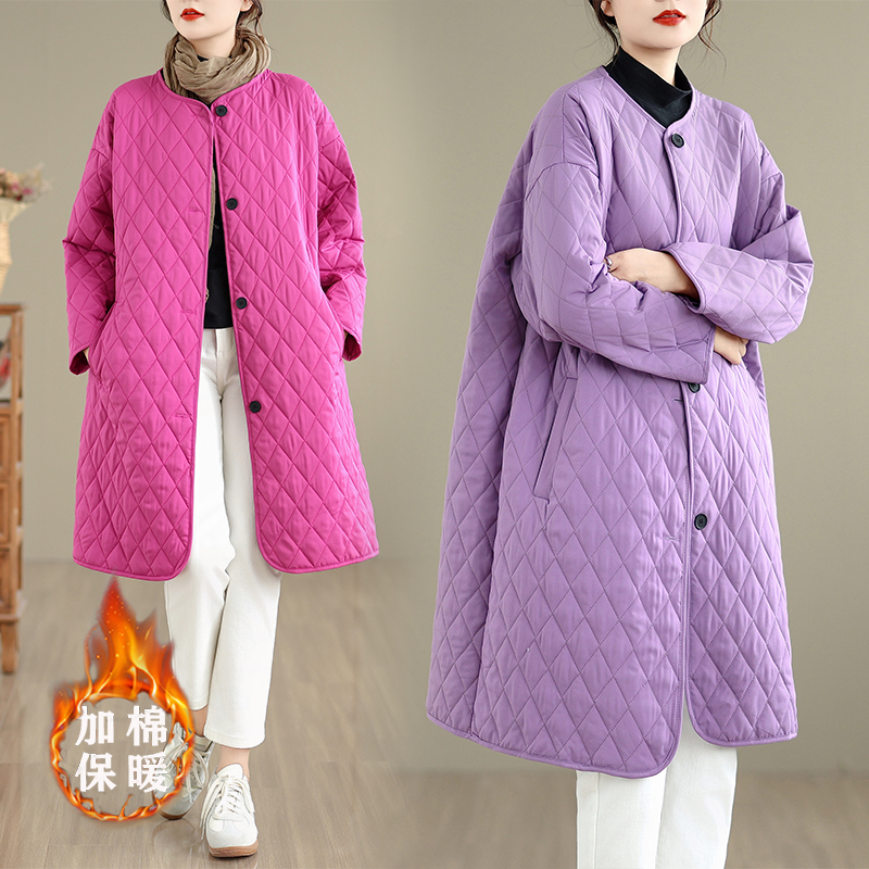 2025实拍新款时尚休闲百搭菱形格中长纯色圆领外套