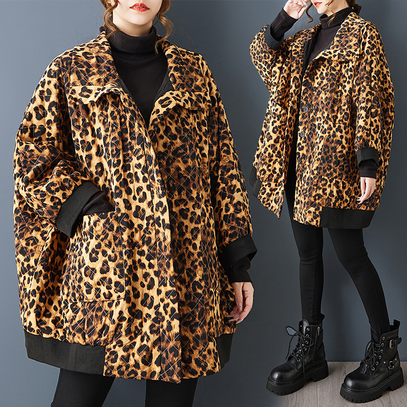 实拍春秋新款港风宽松豹纹翻领长袖薄棉外套时尚宽松休闲撞色外套