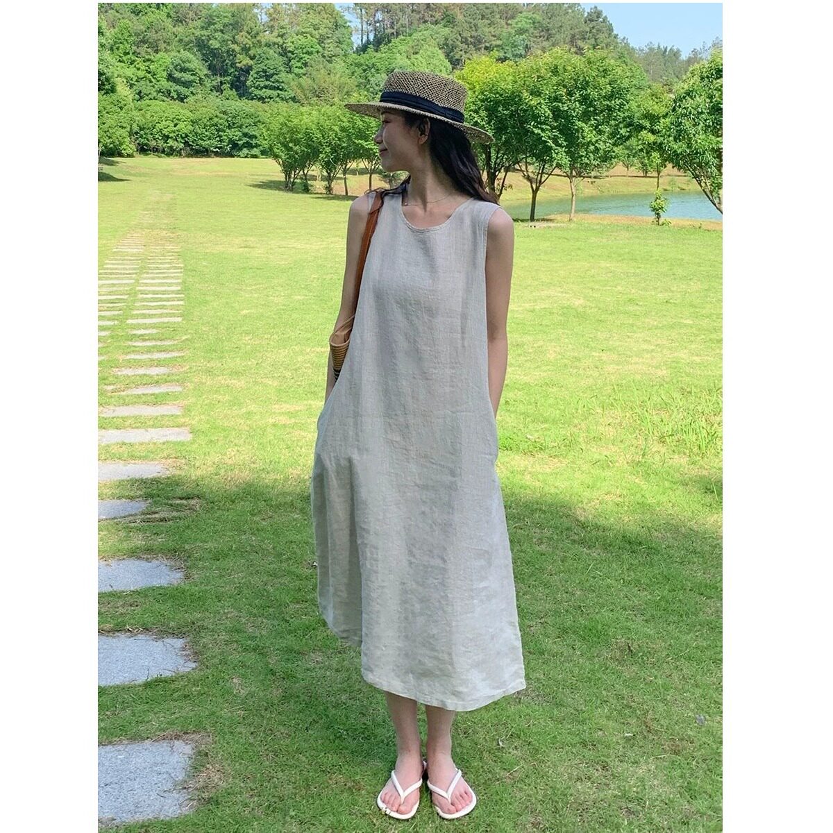 棉麻连衣裙夏女新款无袖文艺内搭宽松背心裙长裙纯色可外穿