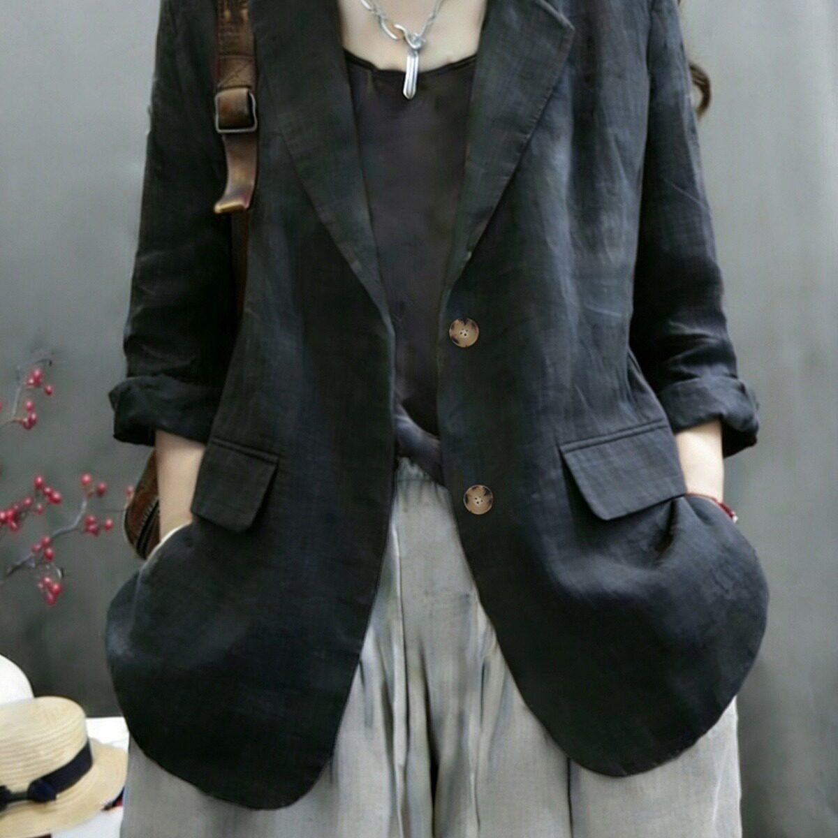 春夏新款休闲百搭轻薄单层棉麻清新文艺风西服女