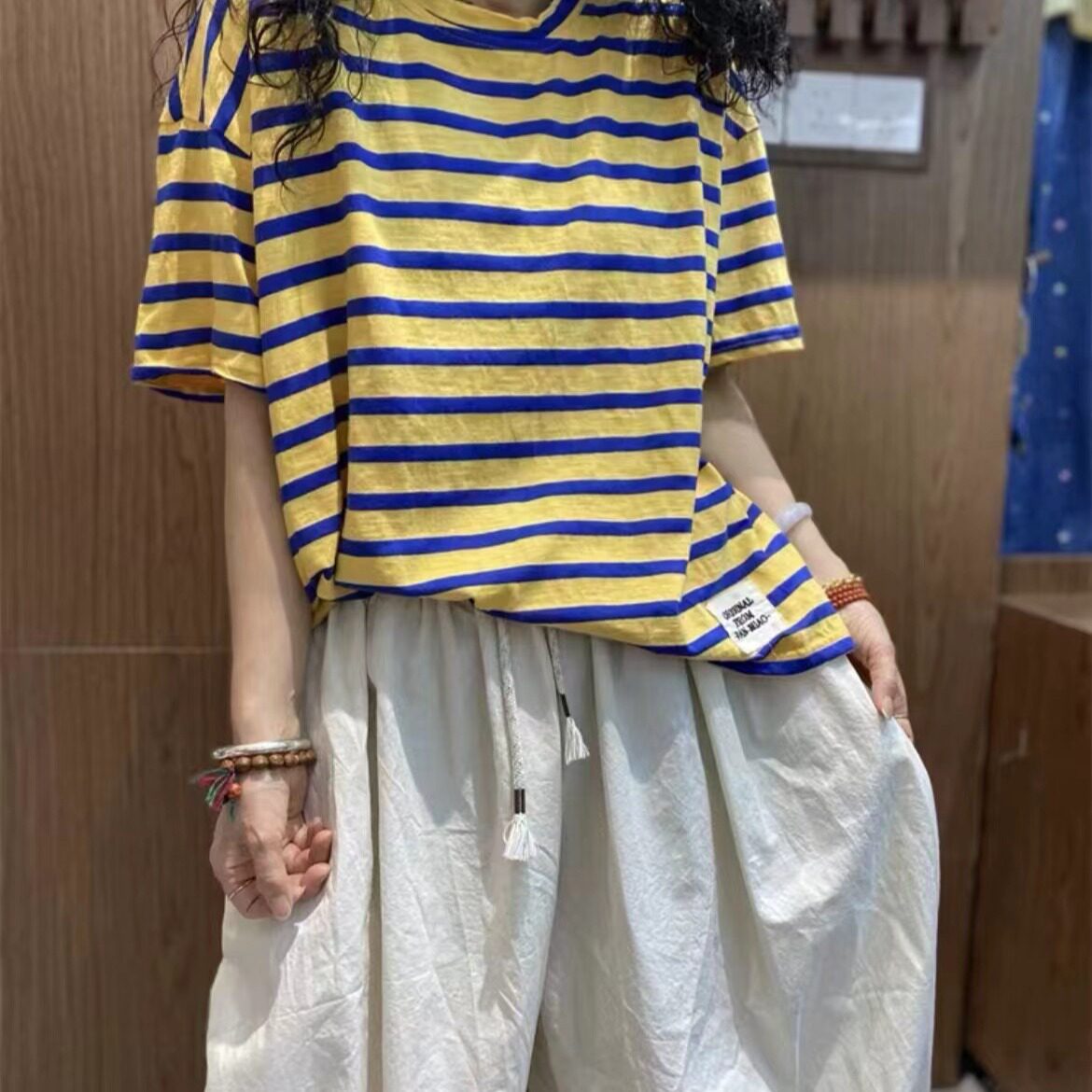 纯棉条纹短袖T恤女装夏季新款韩版宽松撞色显瘦圆领上衣服