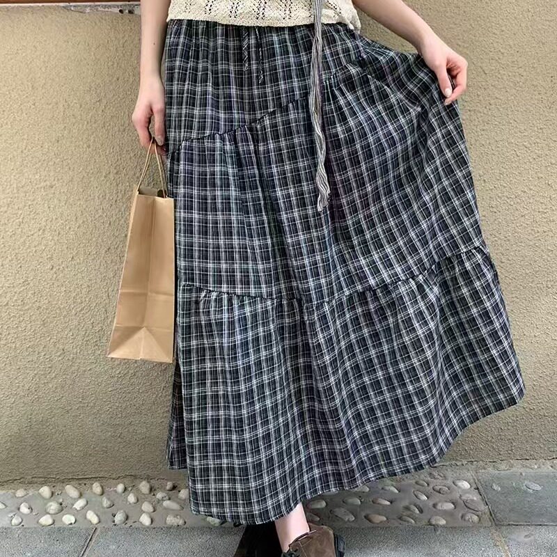 格子半身裙女夏季新款a字裙高腰显瘦气质长裙