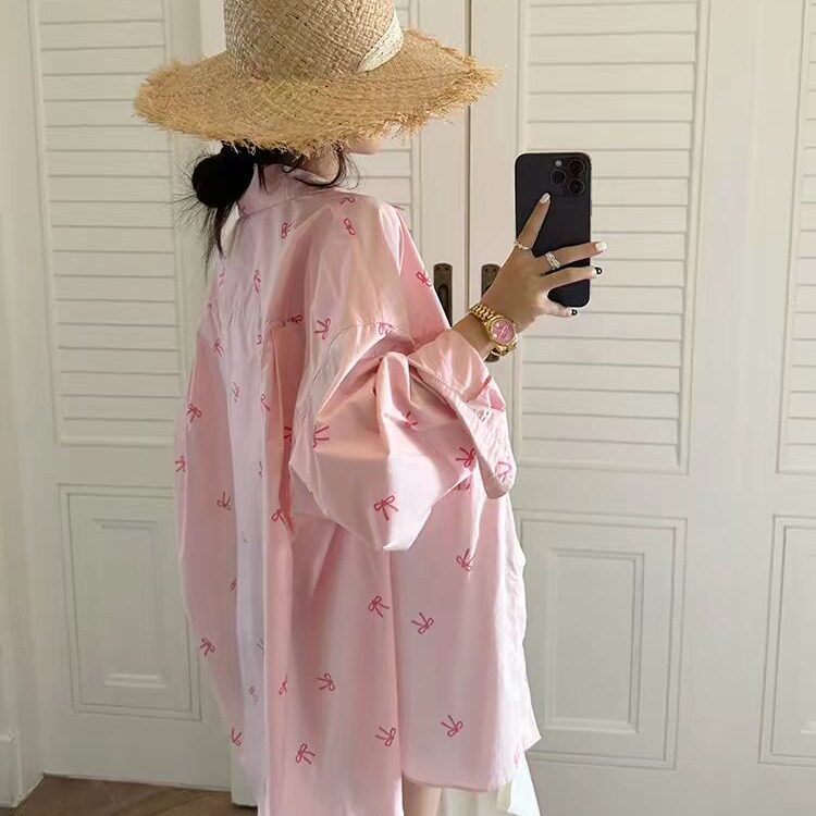 粉色蝴蝶结印花衬衫外套女士夏季慵懒风长袖防晒衣中长款翻领上衣