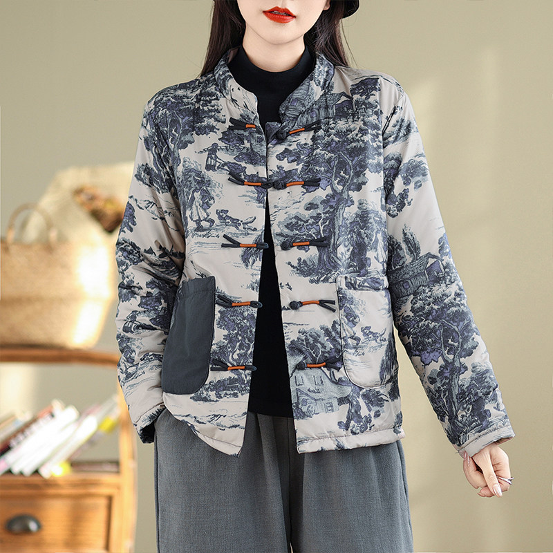 冬季新款水墨画印花宽松棉服女装小立领长袖复古盘扣棉衣外套棉袄