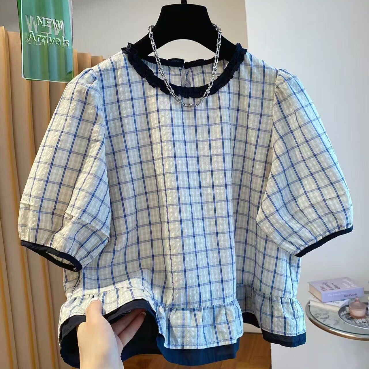韩系格子衬衫女短袖2026新款夏季宽松休闲百搭洋气小衫泡泡袖上衣
