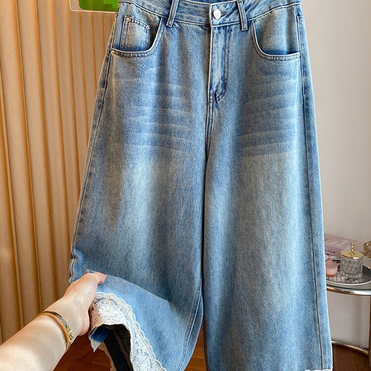 高级感蕾丝花边阔腿牛仔裤女春秋2026新款宽松a字版直筒八分裤子