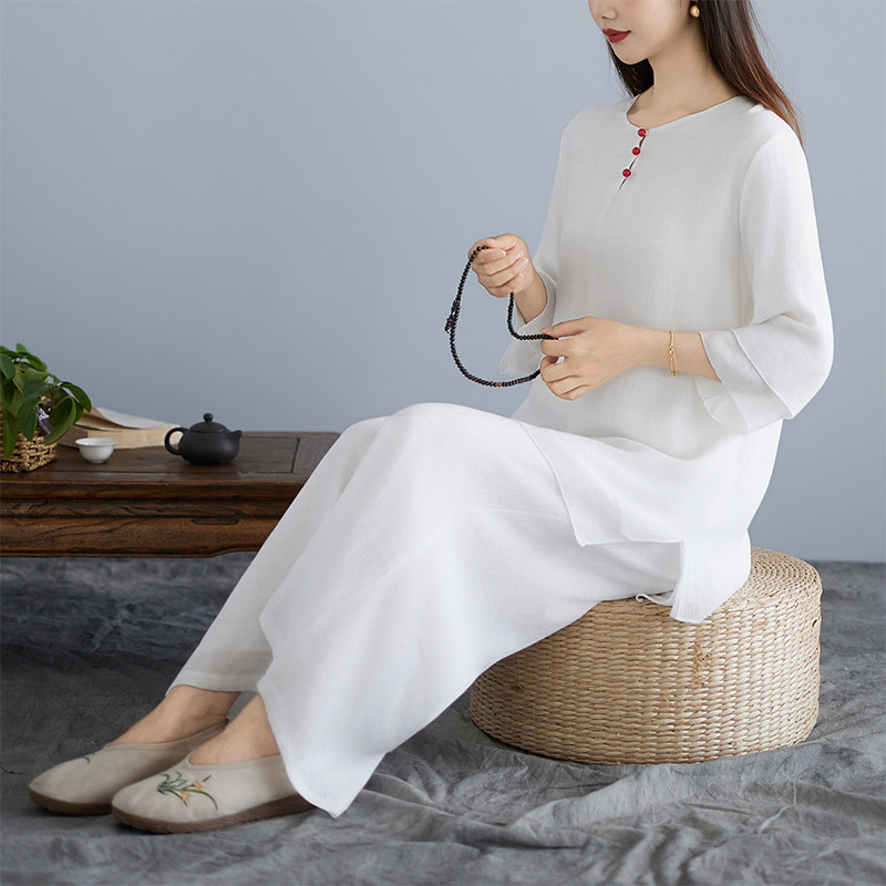 实拍瑜伽服套装2026夏季新款禅服茶服上衣阔腿裤亚麻七分袖两件套