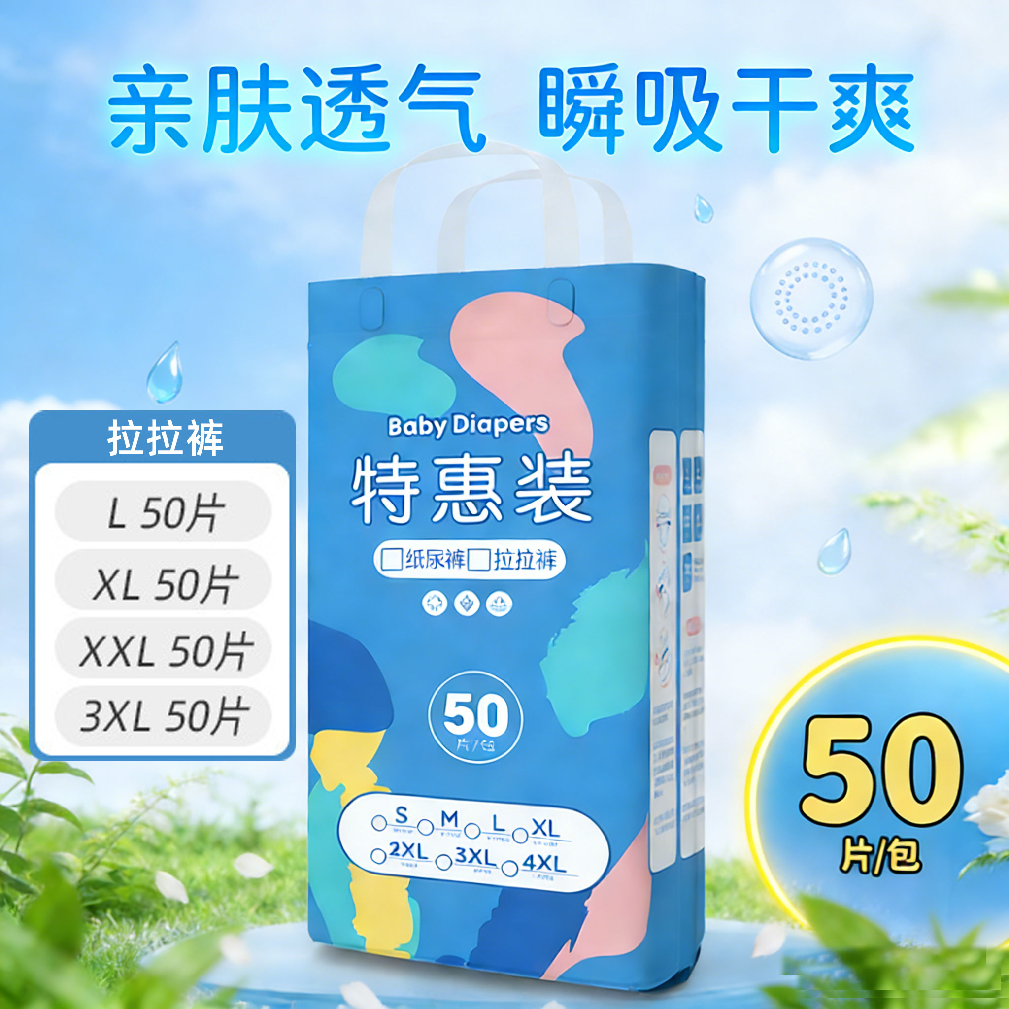 特卖款50片超薄婴幼儿纸尿裤拉拉拉裤/学步裤/成长