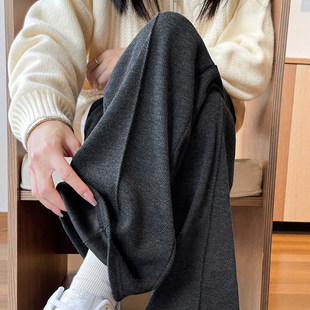 毛呢裤子女款秋冬新款灰色小个子窄版休闲阔腿裤人字纹羊毛直筒裤