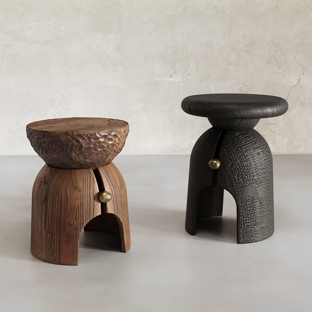 侘寂风实木圆凳黑色原木边角几创意碳化民宿凳子设计师艺术沙发凳
