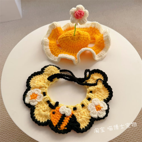 宠物猫咪小花朵帽子蜜蜂围脖套装
