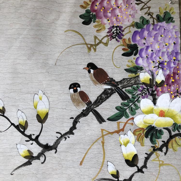 紫藤玉兰鸟三尺斗方纯手绘写意花鸟国画来财字画玄关客厅餐厅