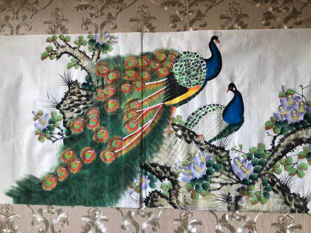 紫气东来纯手绘写意花鸟国画孔雀紫花字画客厅办公室装饰