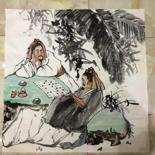 下棋图四尺斗方纯手绘写意人物画国画风水玄关茶楼字画客厅装饰画