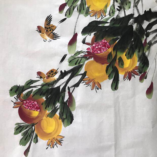 石榴笑口常开纯手绘三尺斗方字画写意花鸟国画客厅书房玄关装饰画