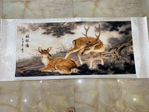 双鹿福禄图福寿双全梅花鹿工笔走兽国画字画客厅画办公室装饰挂画