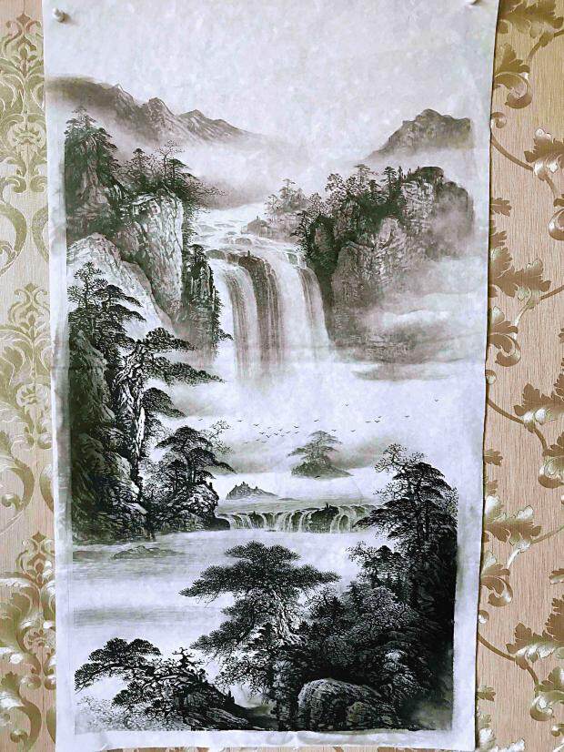 水墨山水名家办公室客厅字画精品山水画半手绘三尺国画未装裱