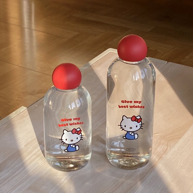 可爱红盖子kt猫玻璃杯高硼硅耐高温红鼻子密封水杯车载随身杯礼物